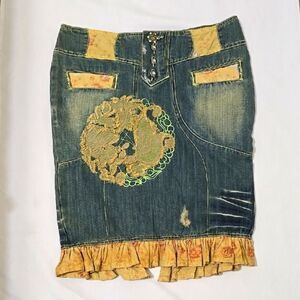 CUSTO Barcelona y2k Blue and Yellow Embellished Pencil  Skirt
